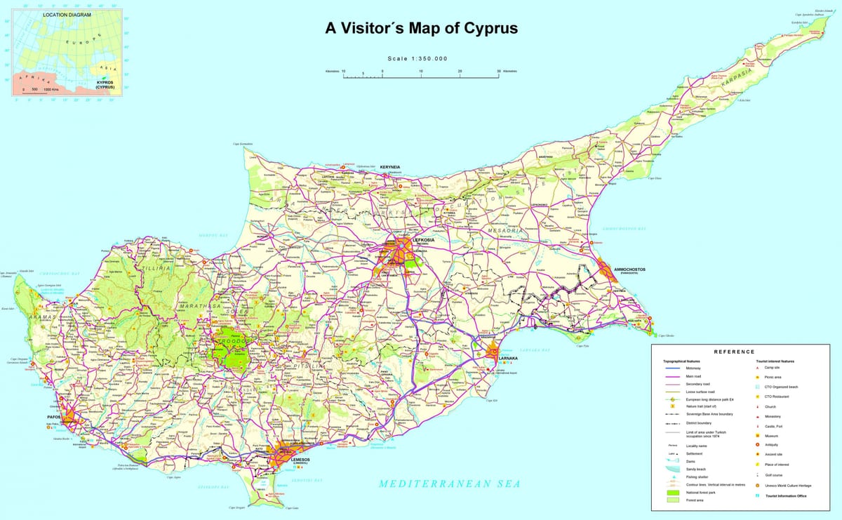 Mapa de Chipre, no mediterrâneo