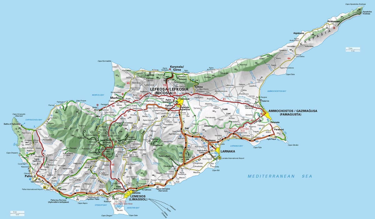 Mapa de Chipre pontos de cruzamento de fronteiras